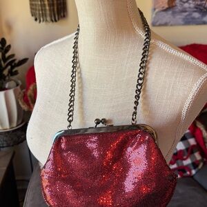 Express Red Sequin Clutch with Chain